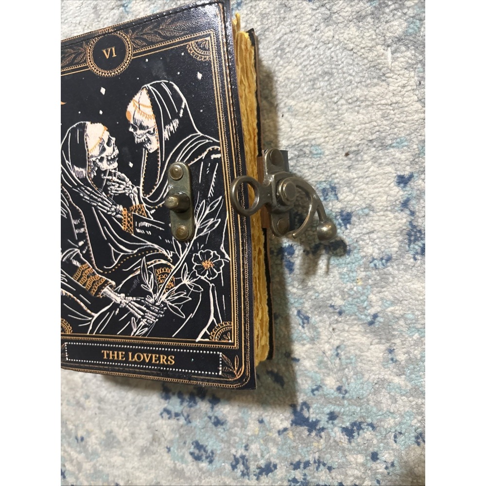 Book of Spells Leather Journal Deckle Paper Grimoire The Lovers Tarot Skull EUC - Picture 2 of 6